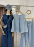 Denim Round Neck Pleated Back Tops with Trousers Sets